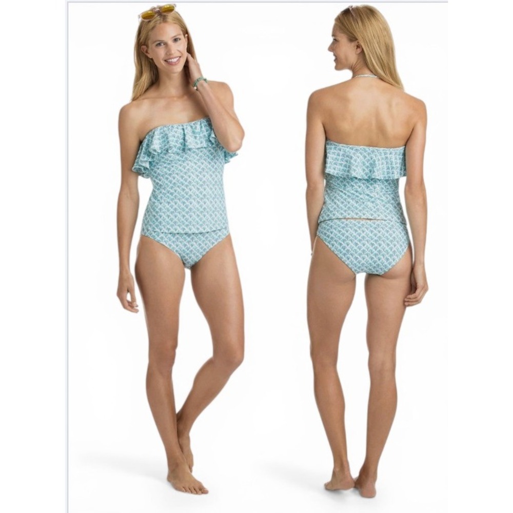 NWT Vineyard Vines Tiny Leaves Blue Ruffle Bandeau Tankini Swimsuit Set Women's